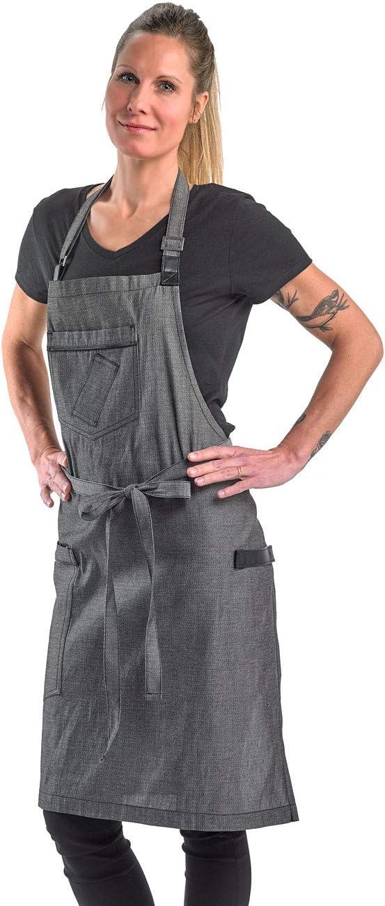 Mercer Culinary Metro Edge Renegade Bib Server Apron, Black Denim with Brown Leather Straps