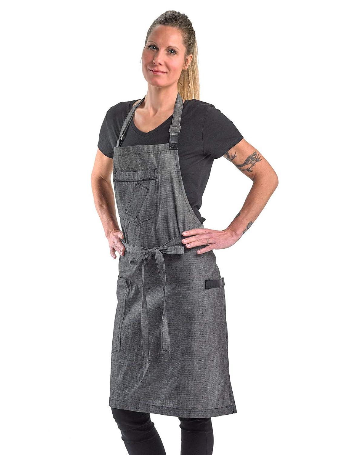 Mercer Culinary Metro Edge Renegade Bib Server Apron, Black Denim with Brown Leather Straps