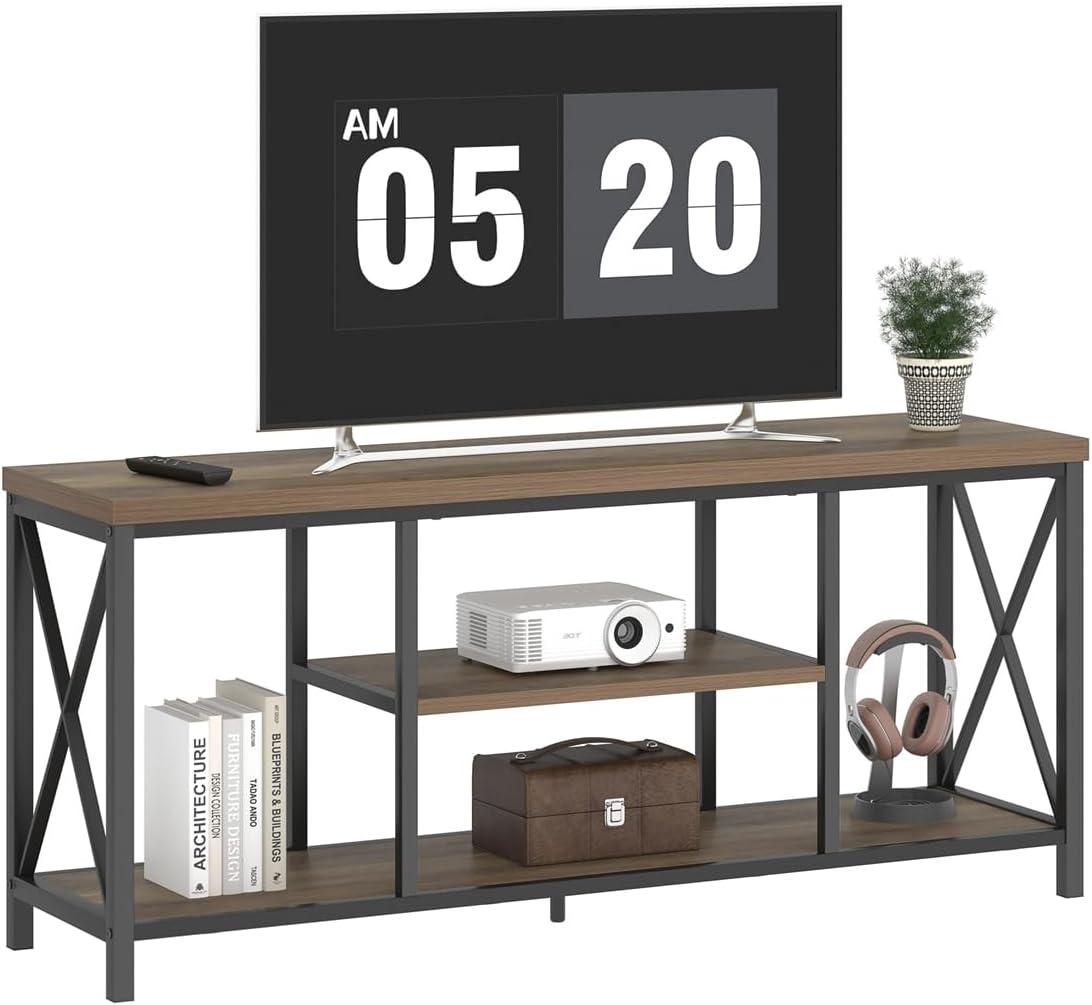 FOLUBAN TV Stand for TV up to 65 inch, Rustic Wood and Metal Entertainment Center with Storage Shelves, Modern Industrial Media TV Console Table for Living Room, Oak 55 inch