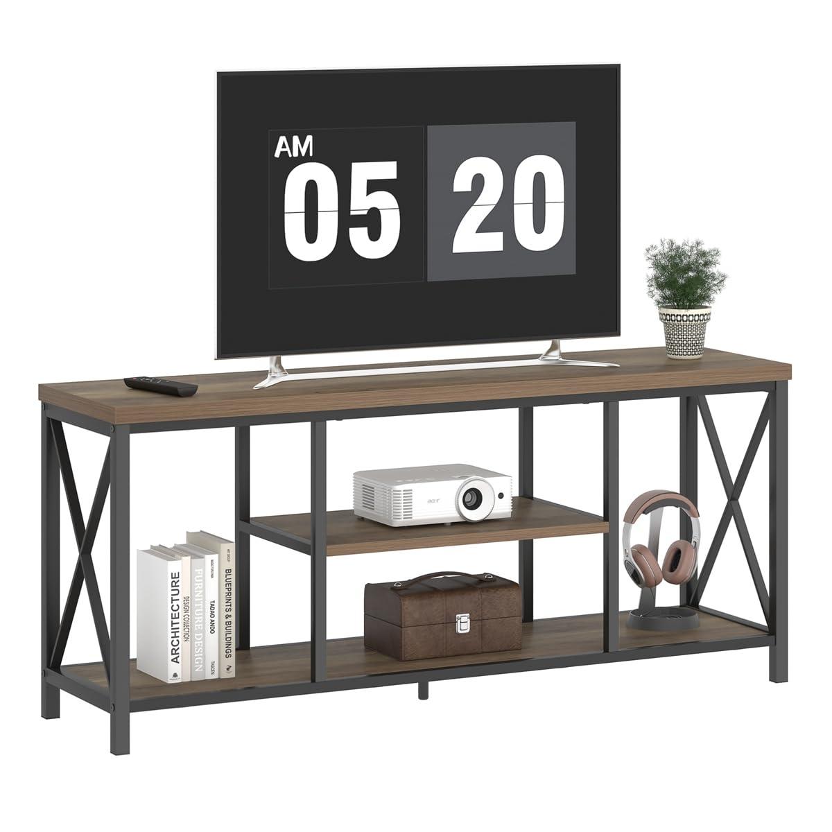 FOLUBAN TV Stand for TV up to 65 inch, Rustic Wood and Metal Entertainment Center with Storage Shelves, Modern Industrial Media TV Console Table for Living Room, Oak 55 inch