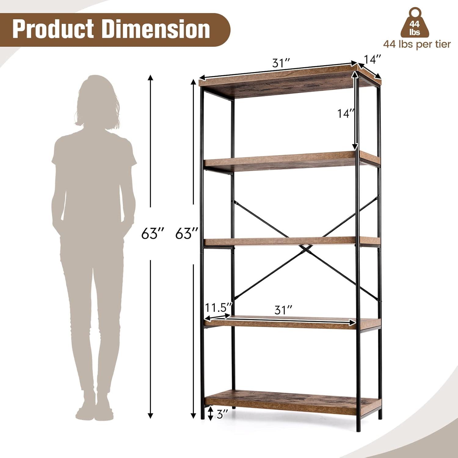 Rustic Brown Wood and Metal 5-Tier Bookcase