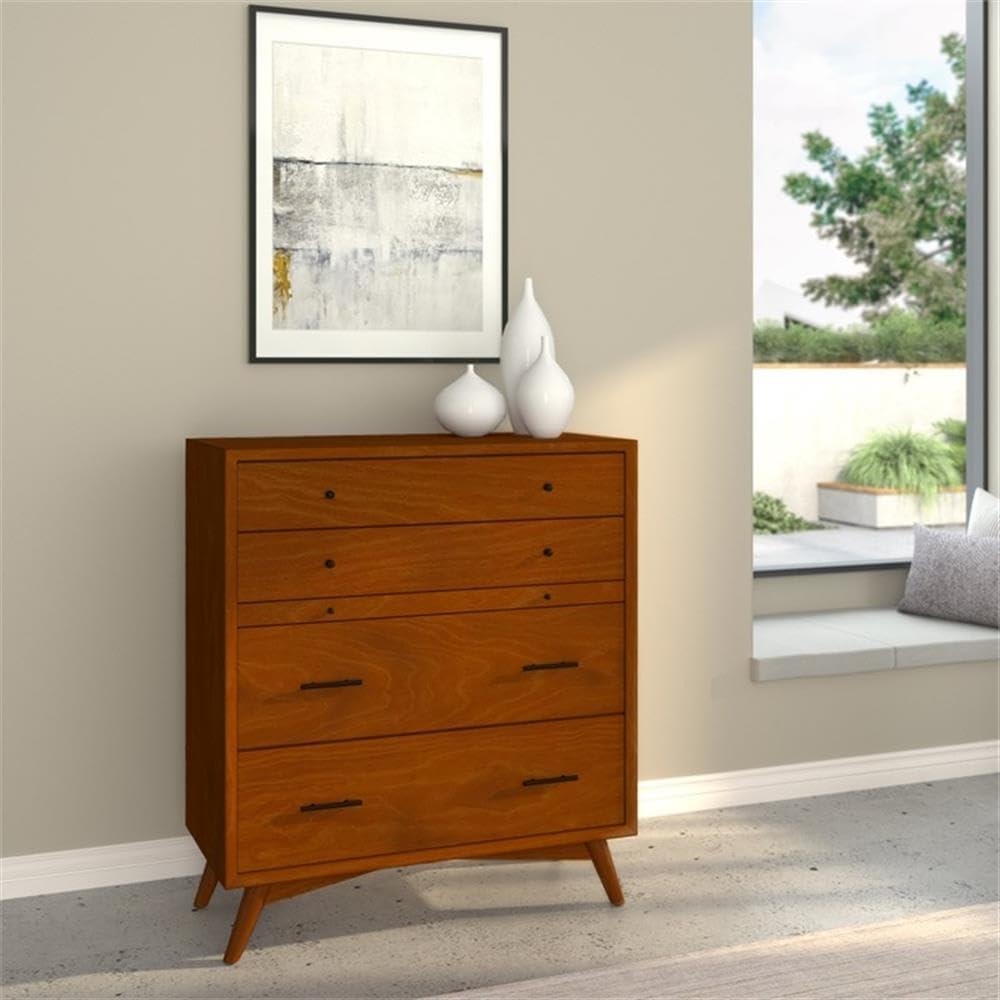 Flynn Mid Century Modern 4 Drawer Multifunction Chest with Pull Out Workstation Tray in Acorn Finish
