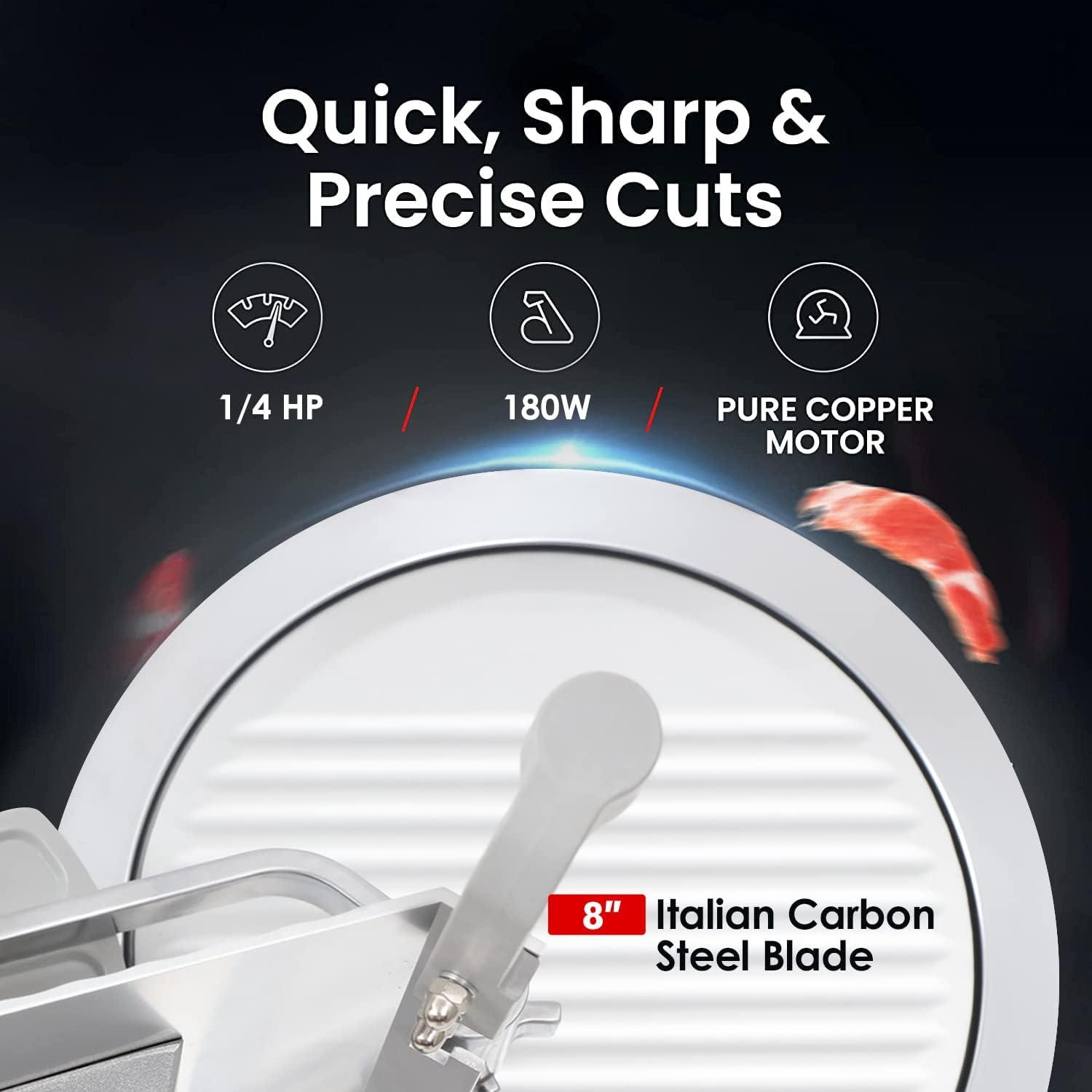 Toogood 8" Commercial Slicer 180w, 1/4 HP Electric Meat Slicer, Italian Carbon Steel Blade, Quiet Performance, Semi-frozen Meat/Cheese/Food Slicer, 0.5mm to 15mm Adjustable Slicing Thickness