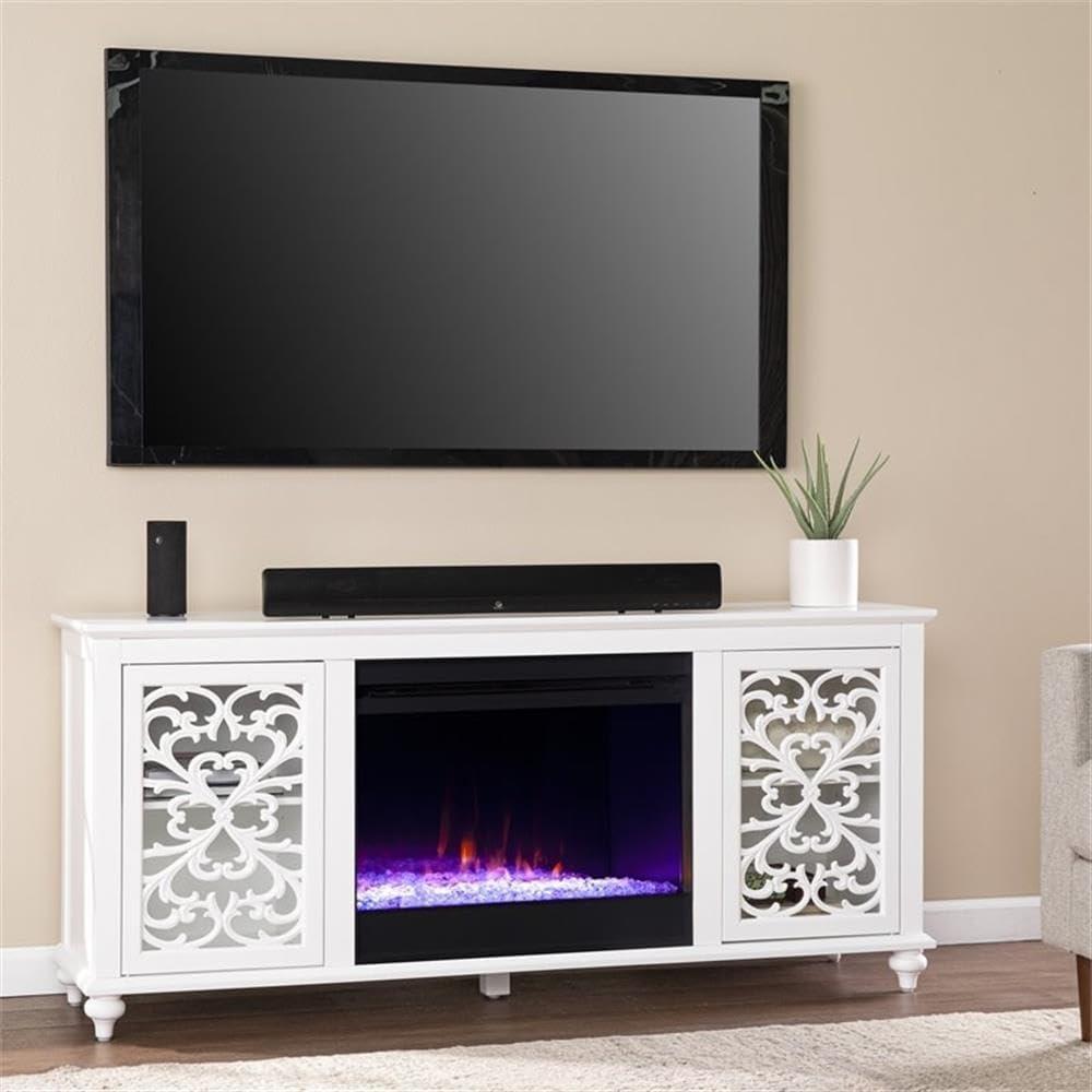 White Electric Fireplace TV Stand with Cabinets and LED Flames