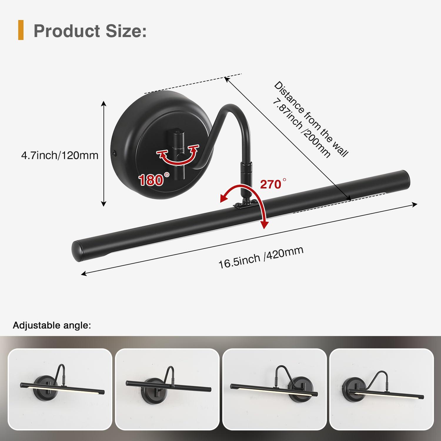 JOOSENLUX LED Picture Light Hardwired Matte Black Modern Picture Lights for Paintings 16.54'' Inch Long Swing Arm Metal Art Lights Warm White 3000K