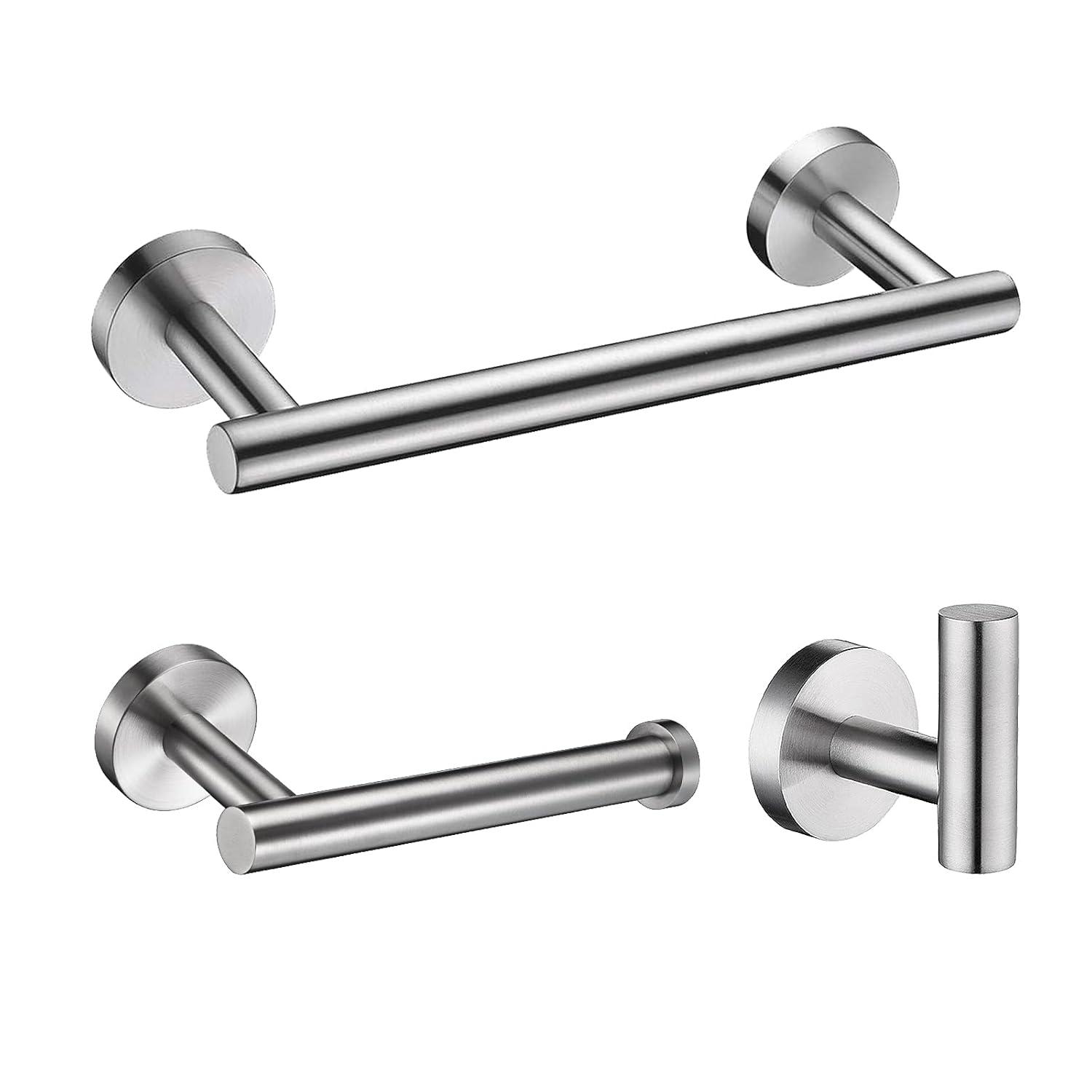 Nolimas 3-Pieces Set Brushed Nickel Bathroom Hardware SUS304 Stainless Steel Round Wall Mounted - Includes 12" Hand Towel Bar, Toilet Paper Holder, Robe Towel Hooks,Bathroom Accessories Kit