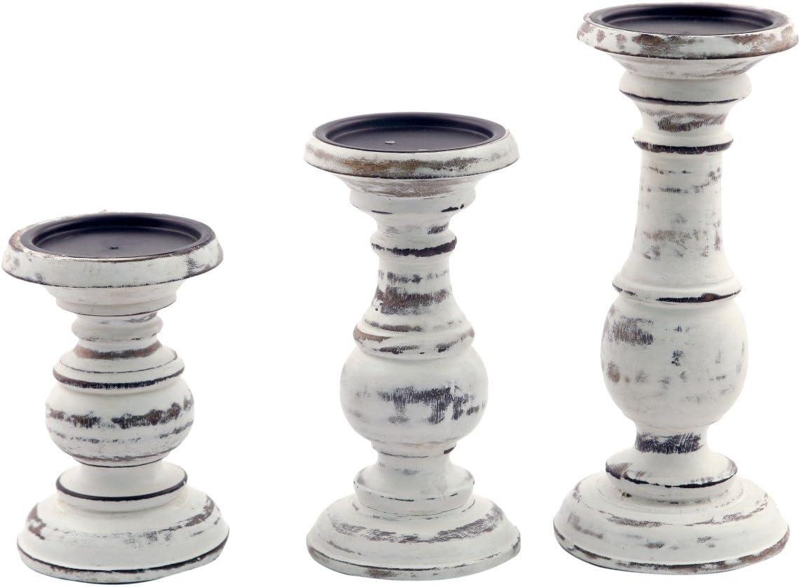 Distressed White Mango Wood Pillar Candle Holders, Set of 3