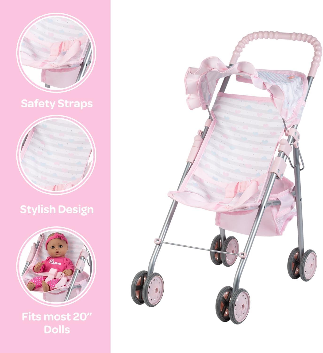 Adora Pastel Pink Heart Baby Doll Stroller with Umbrella Shade & Ruffle Trim