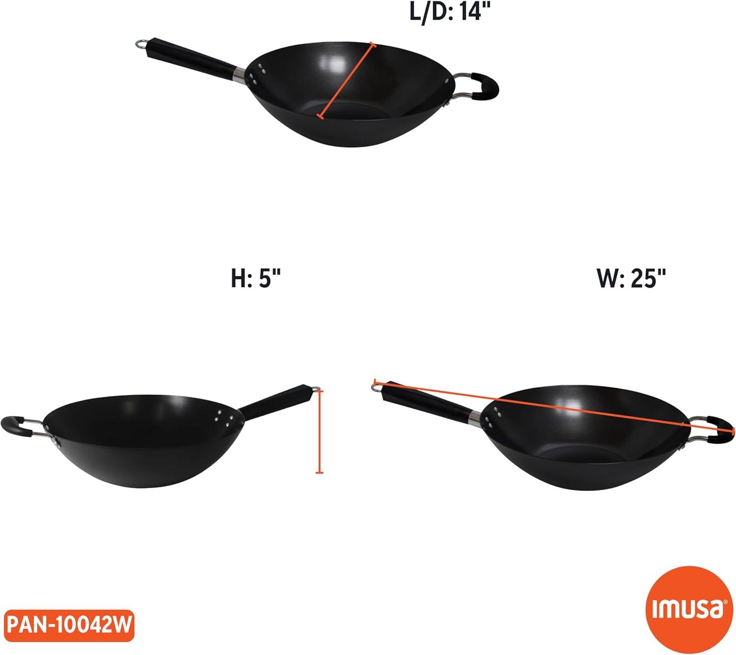 IMUSA 14" Coated Wok with Bakelite Handle: Nonstick Carbon Steel Stir Fry Pan, 64 Volume, Electric & Gas Compatible