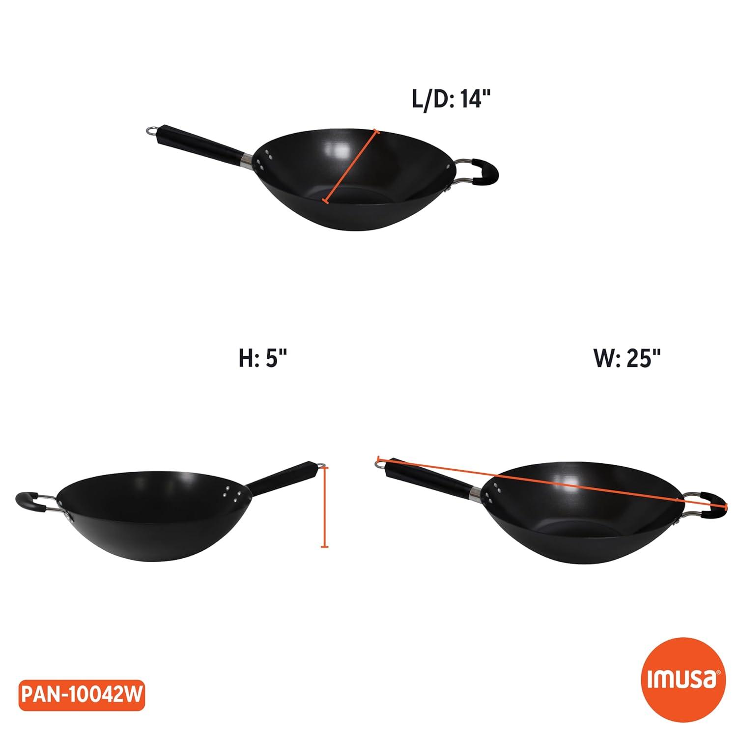 IMUSA 14" Coated Wok with Bakelite Handle: Nonstick Carbon Steel Stir Fry Pan, 64 Volume, Electric & Gas Compatible