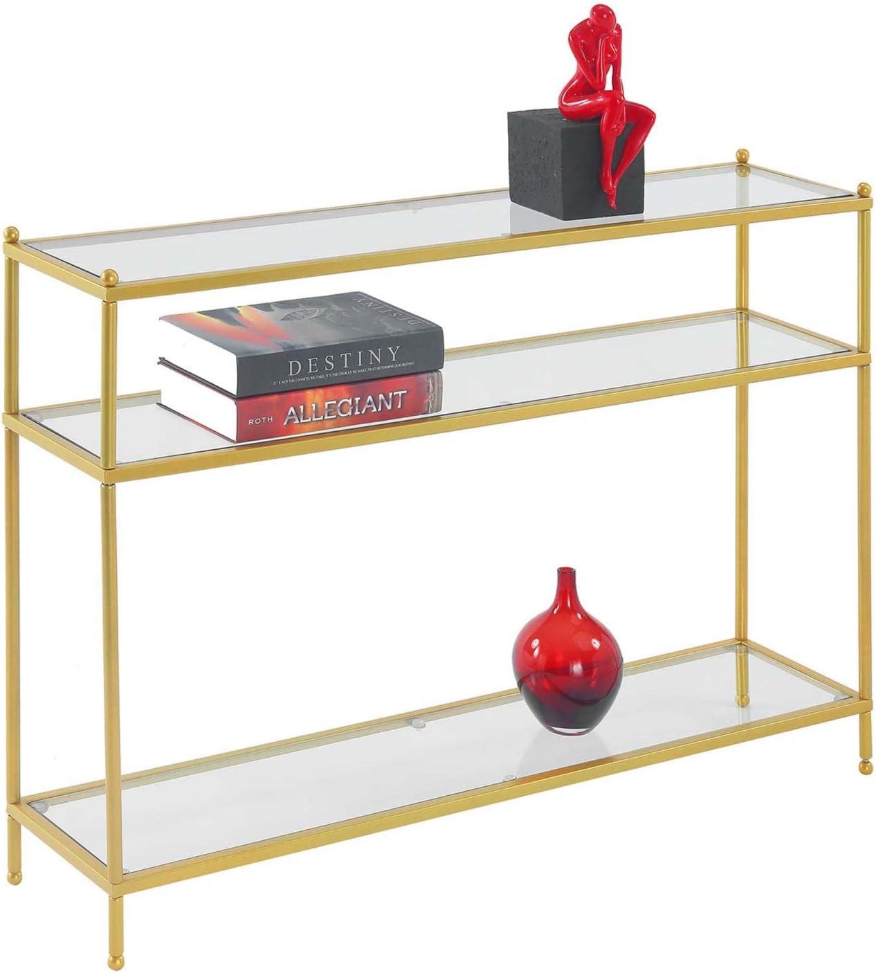 Elegant Gold Metal & Clear Glass 3-Tier Console Table with Storage