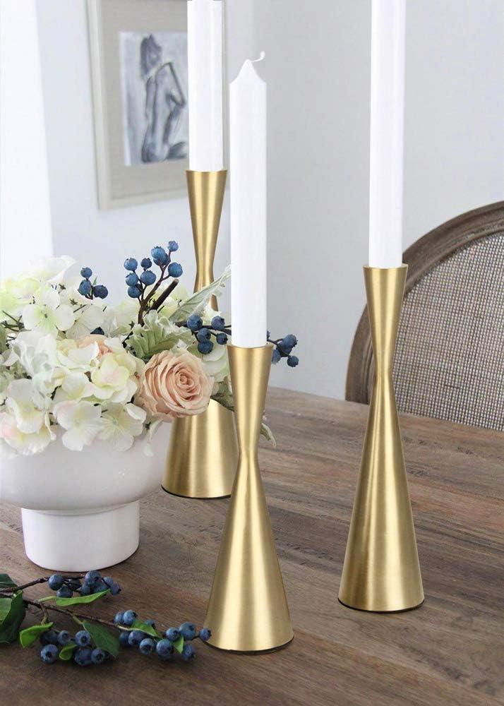 Vixdonos Brass Gold Taper Candle Holders Metal Candlestick Holders Set of 3 Table Mantel Decorative Candle Stand for Dinning,Party，Wedding,Home Decor(Brass Gold)