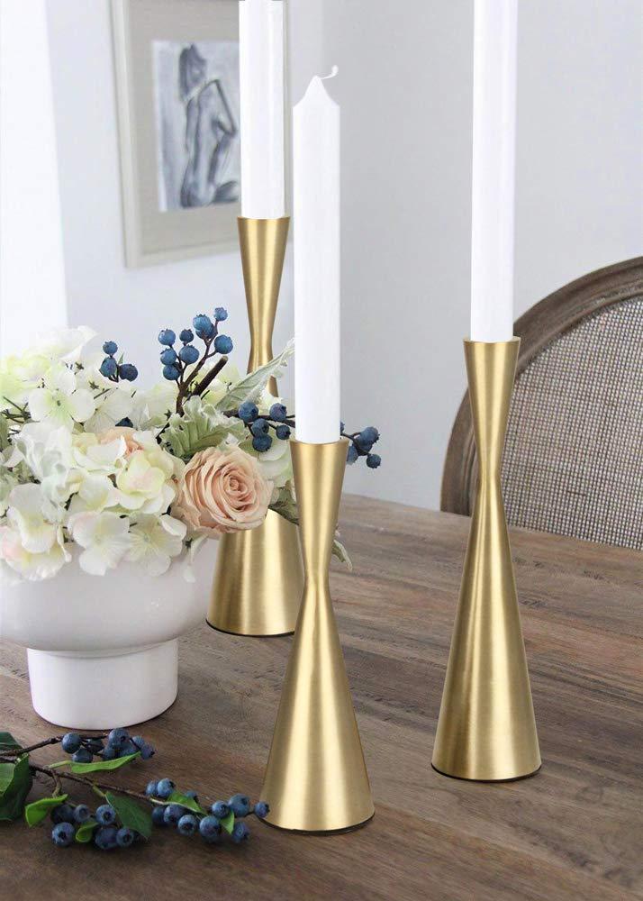 Vixdonos Brass Gold Taper Candle Holders Metal Candlestick Holders Set of 3 Table Mantel Decorative Candle Stand for Dinning,Party，Wedding,Home Decor(Brass Gold)