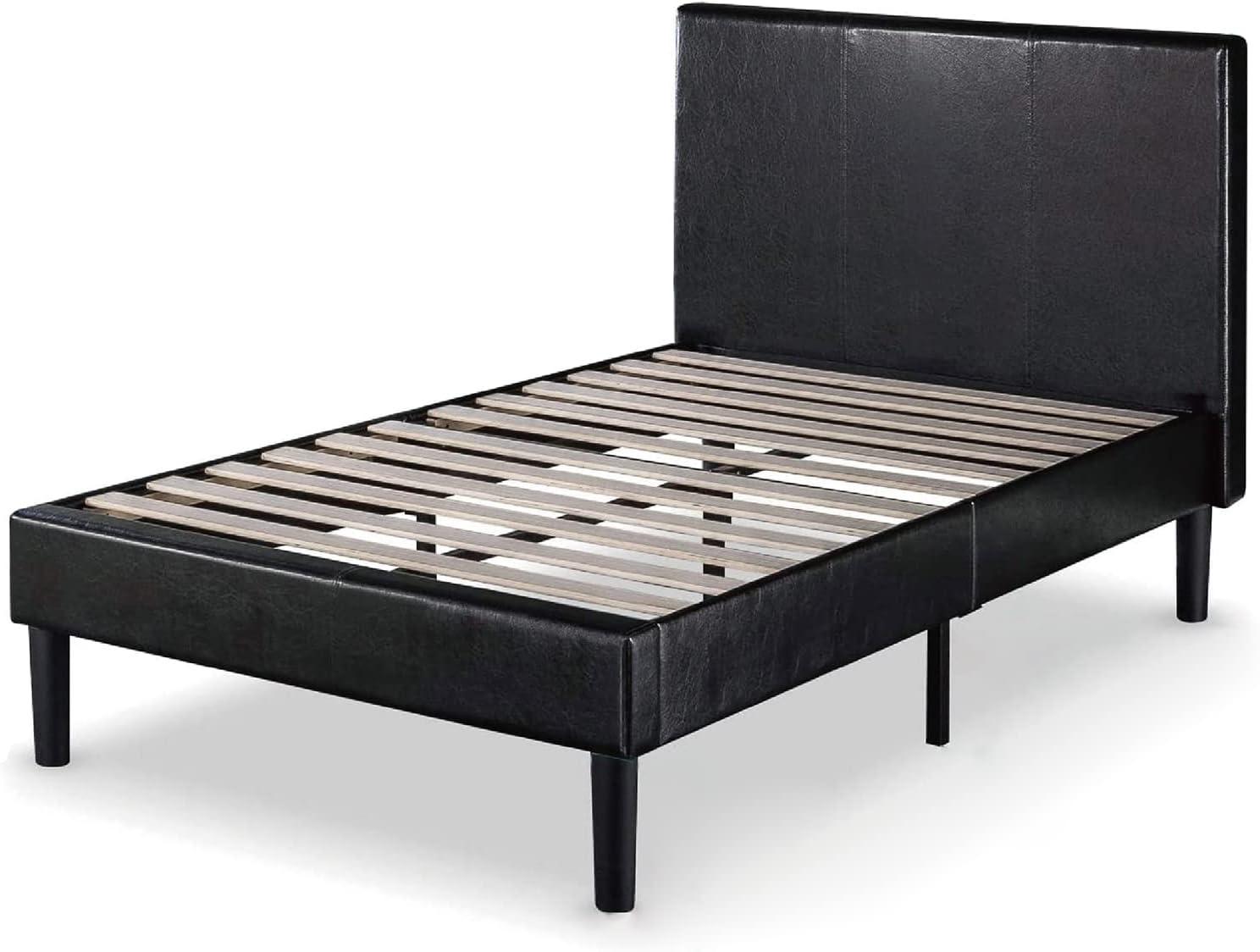 Espresso Faux Leather Twin Platform Bed with Upholstered Headboard