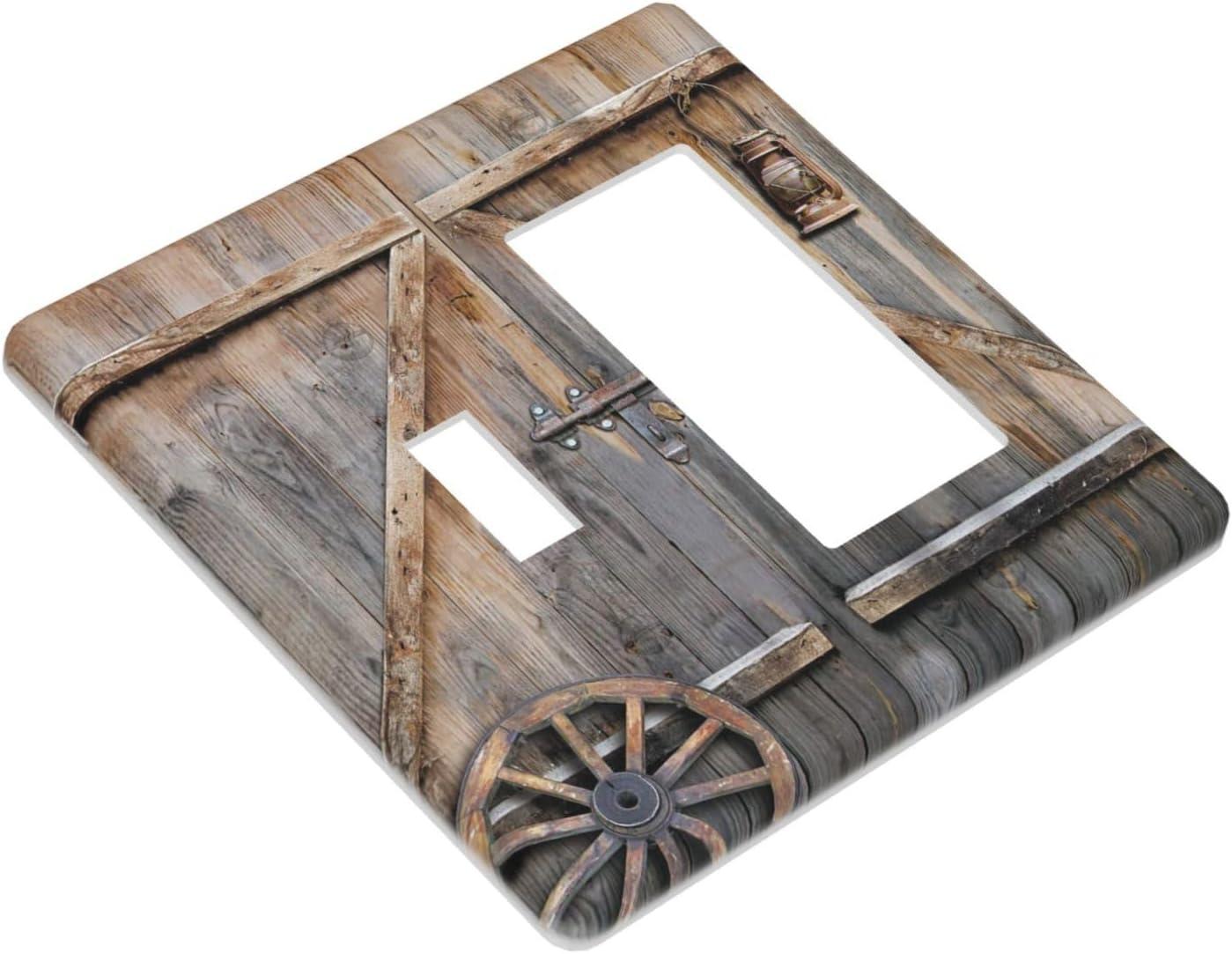 Wood Garage Barn Door Cabin 2 Gang Single Toggle/Rocker Combination Light Switch Cover Decorative Wall Plate Cover Electrical Faceplate Art Decor