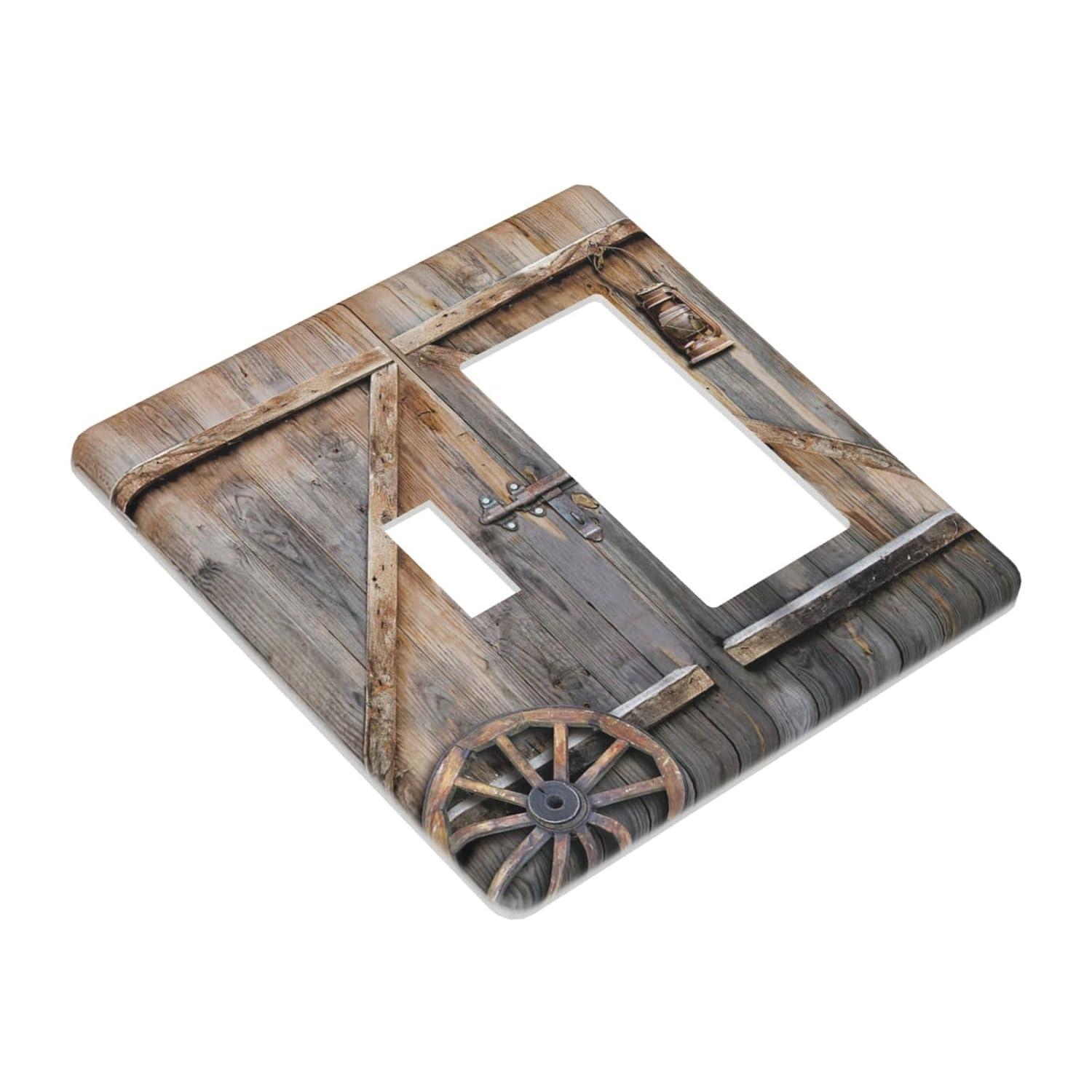 Wood Garage Barn Door Cabin 2 Gang Single Toggle/Rocker Combination Light Switch Cover Decorative Wall Plate Cover Electrical Faceplate Art Decor