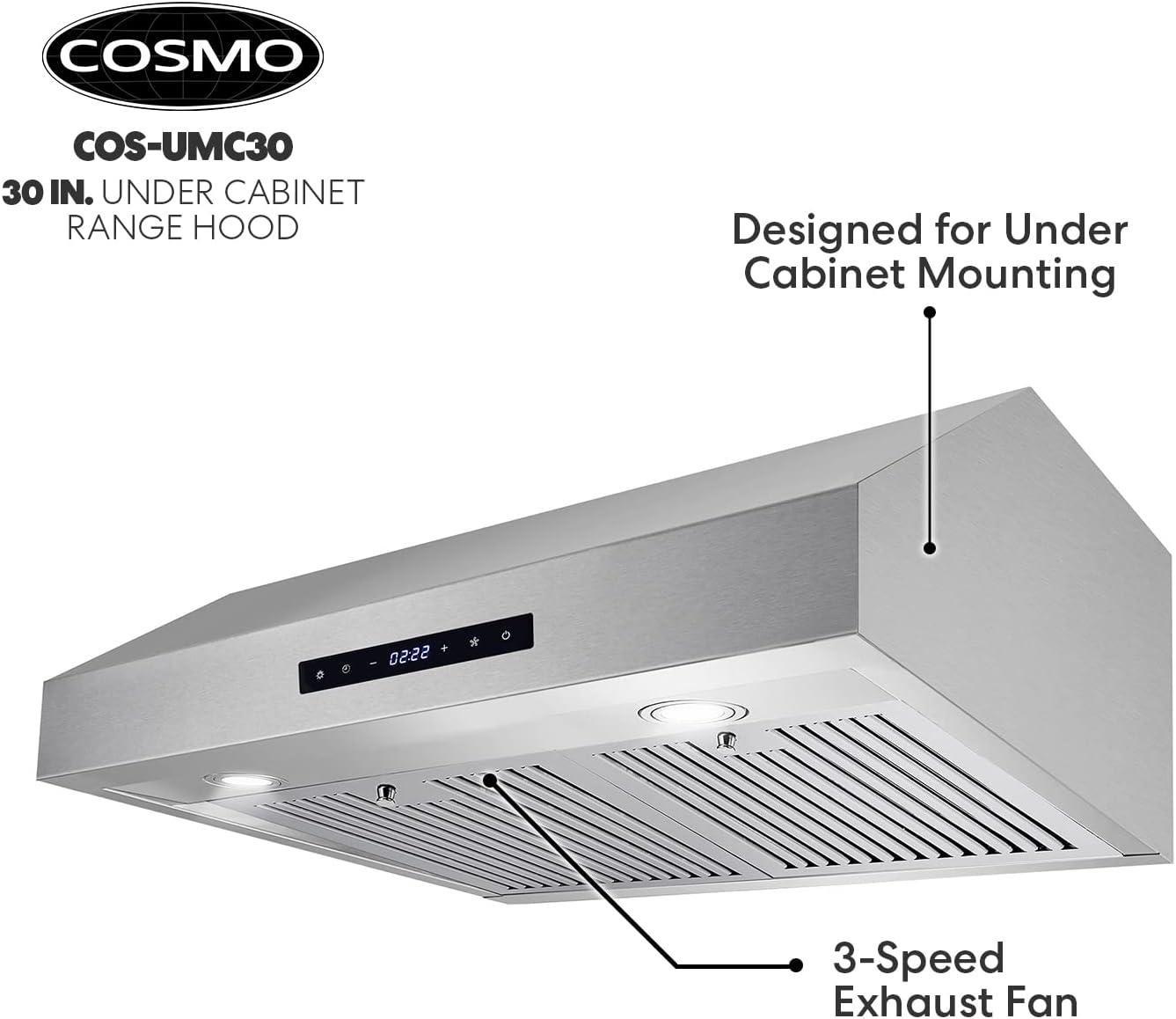 Cosmo 30 in. Under Cabinet Stainless Steel Range Hood with LED Light, 380 CFM, Permanent Filter