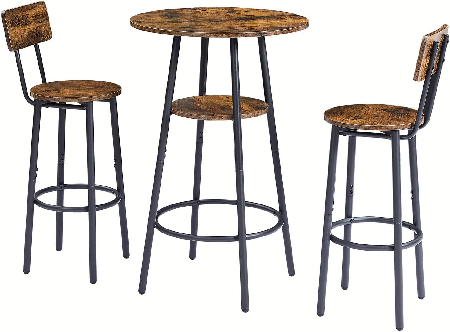 Rustic Brown and Black Metal 3-Piece Pub Table Set with Storage Shelf