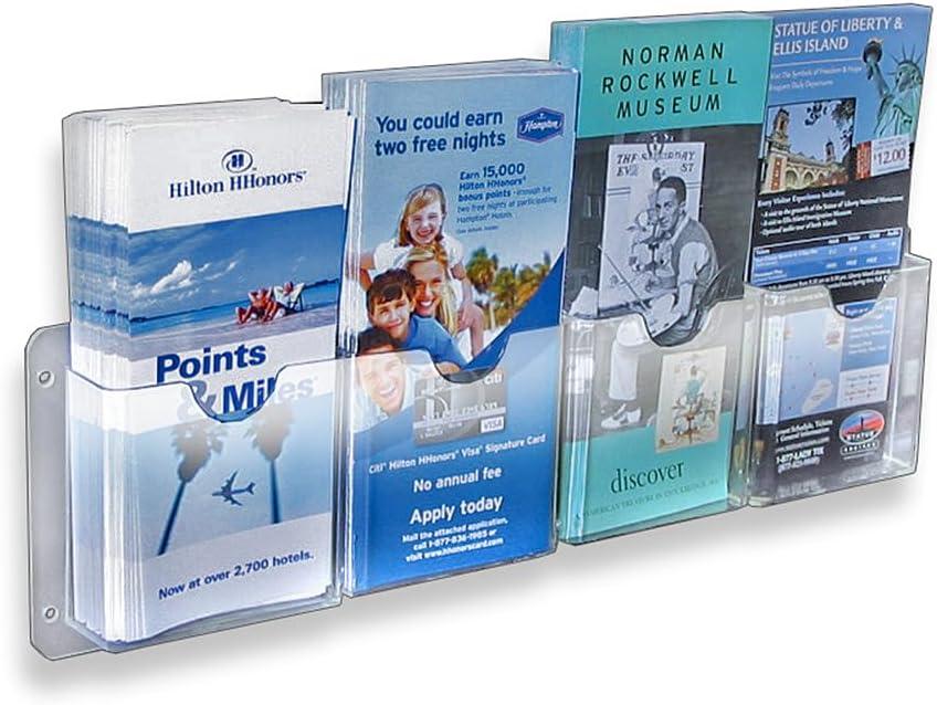 Azar Displays Four Pocket Tri-Fold Wall Rack. Clear Acrylic Wall Mount Brochure Holder for Tri-Fold Size Pamphlets, Horizontal Alignment. Overall Size: 19.5"W x 5.5"H, 2-Pack (Set of 2)