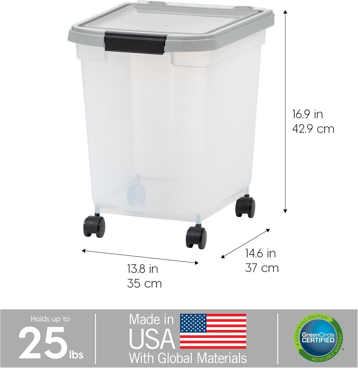 IRIS USA 25 Lbs / 32.5 Qt WeatherPro Airtight Pet Food Storage Container with Removable Casters, Clear/Gray
