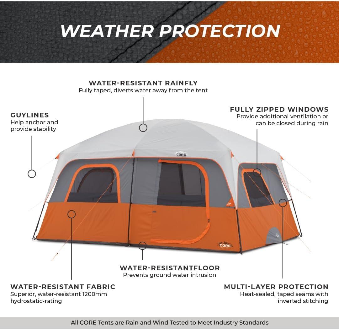 Core Equipment 10 Person Straight Wall Cabin Camping Tent - 14' x 10' x 86" H