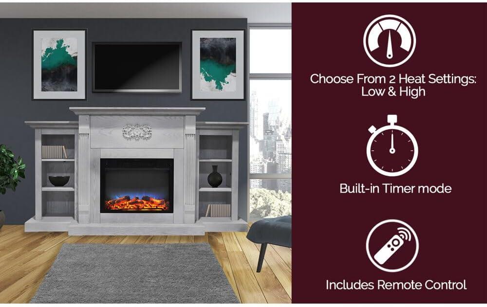 Cambridge Sanoma 72'' Electric Multi-Color LED Fireplace with Charred Log Insert | For Rooms up to 210 Sq.Ft | Remote | Walnut Mantel | Adjustable Heat Settings | Storage | Timer