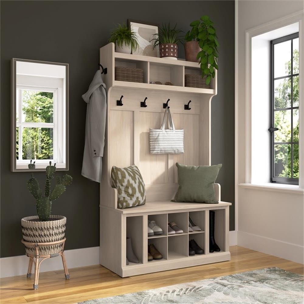 White Washed Maple Hall Tree with Storage Bench and Shelves