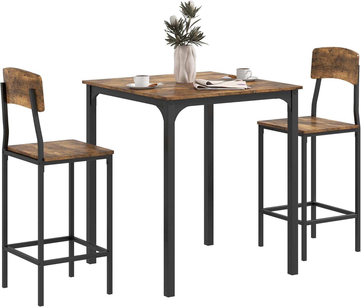 HOMCOM 3 Piece Bar Table and Chairs Set, Industrial Small Dining Table Set for 2, Square Kitchen Table and Stools, Rustic Brown and Black