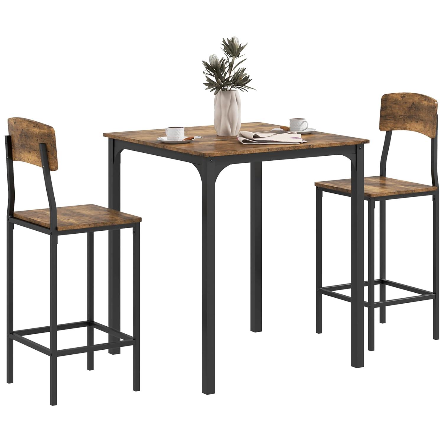 HOMCOM 3 Piece Bar Table and Chairs Set, Industrial Small Dining Table Set for 2, Square Kitchen Table and Stools, Rustic Brown and Black
