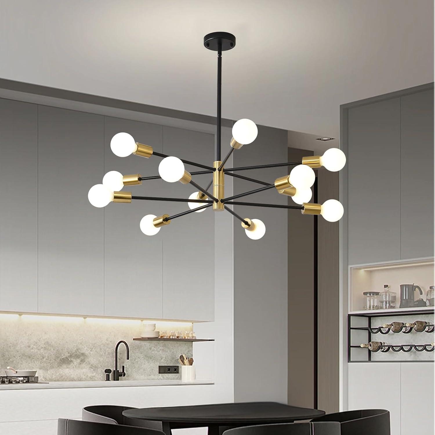 Modern Sputnik Chandelier Ceiling Light Fixture 12-Light E26 Industrial Chandeliers Black Gold Farmhouse Chandelier Height Adjustable Chandeliers for Dining Room, Living Room, Kitchen Island