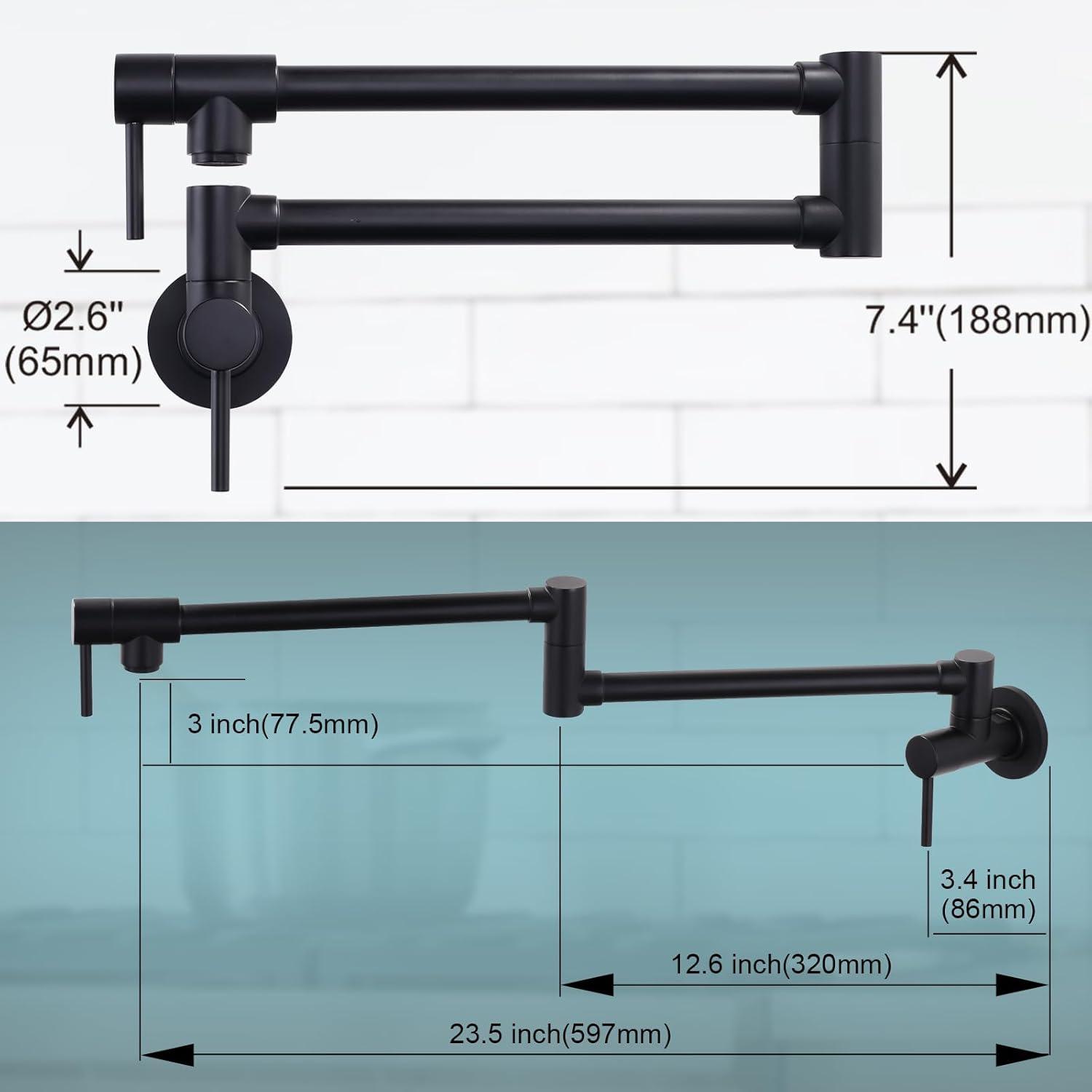 Wowow Contemporary Wall Mount Pot Filler Faucet with Double Joint Swing Arm in Matte Black