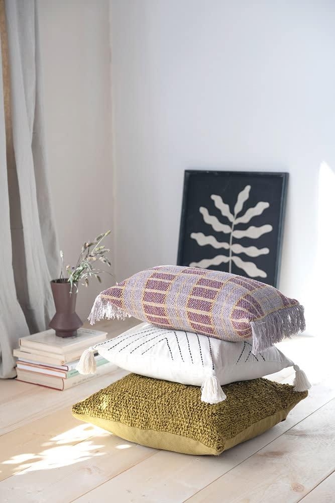 Bloomingville Cotton Blend Embroidered Tassels Pillow, 18" L x 18" W x 2" H, Multicolor