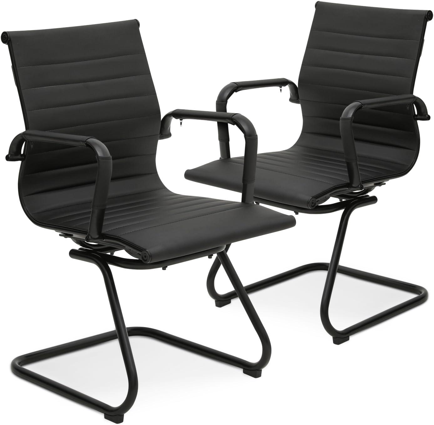 Guyou Modern Mid Back Office Guest Chair Set of 2, Faux Leather Reception Chair Computer Chair with Armrests and Metal Sled Base for Meeting/Waiting/Conference Room, No Wheels, Black