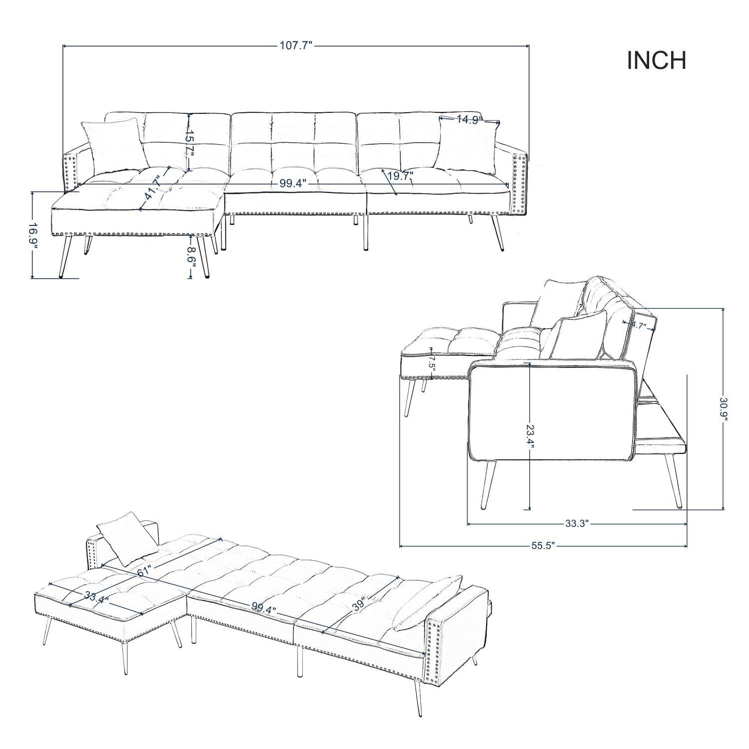 Eafurn Velvet Upholstery Convertible Sleeper Sofa Bed with Reversible Chaise,L Shaped Sectional Couch w/Reclining Backrest and 2 Pillows,Comfy Corner Sofa & Coues for Living Room Furniture Sets