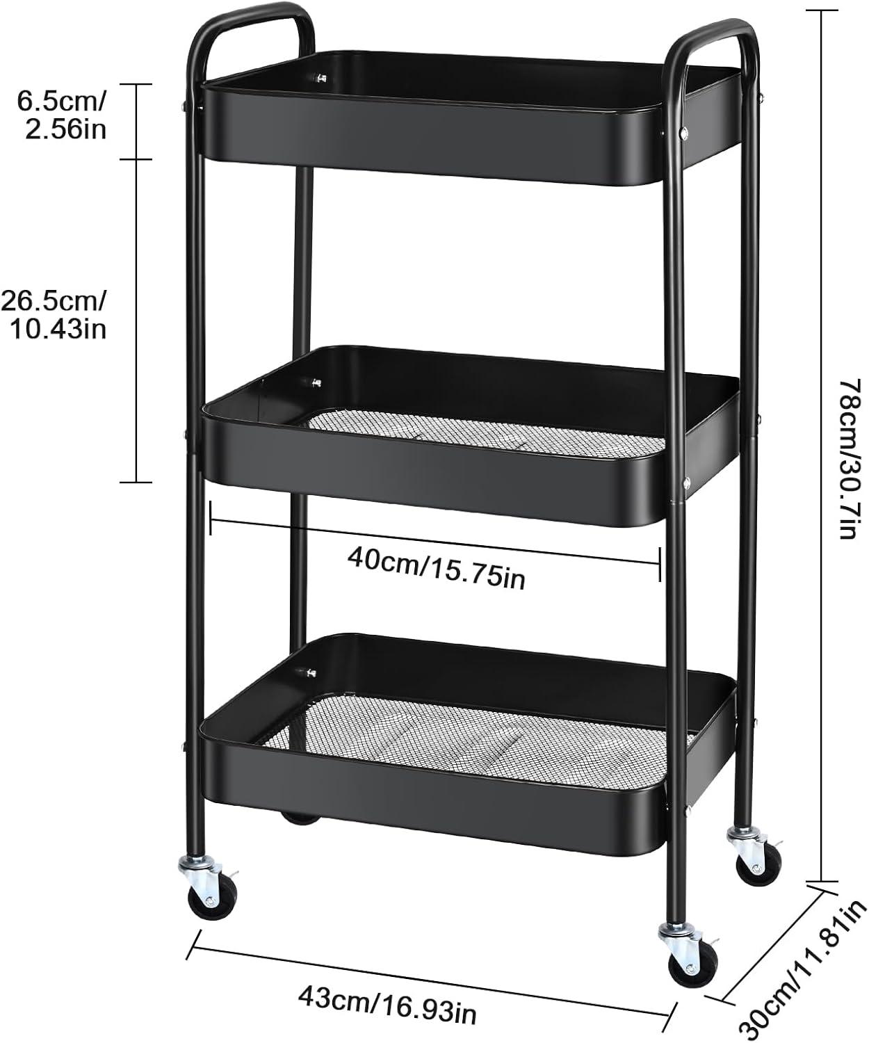 Black 3-Tier Metal Utility Rolling Cart with Lockable Wheels