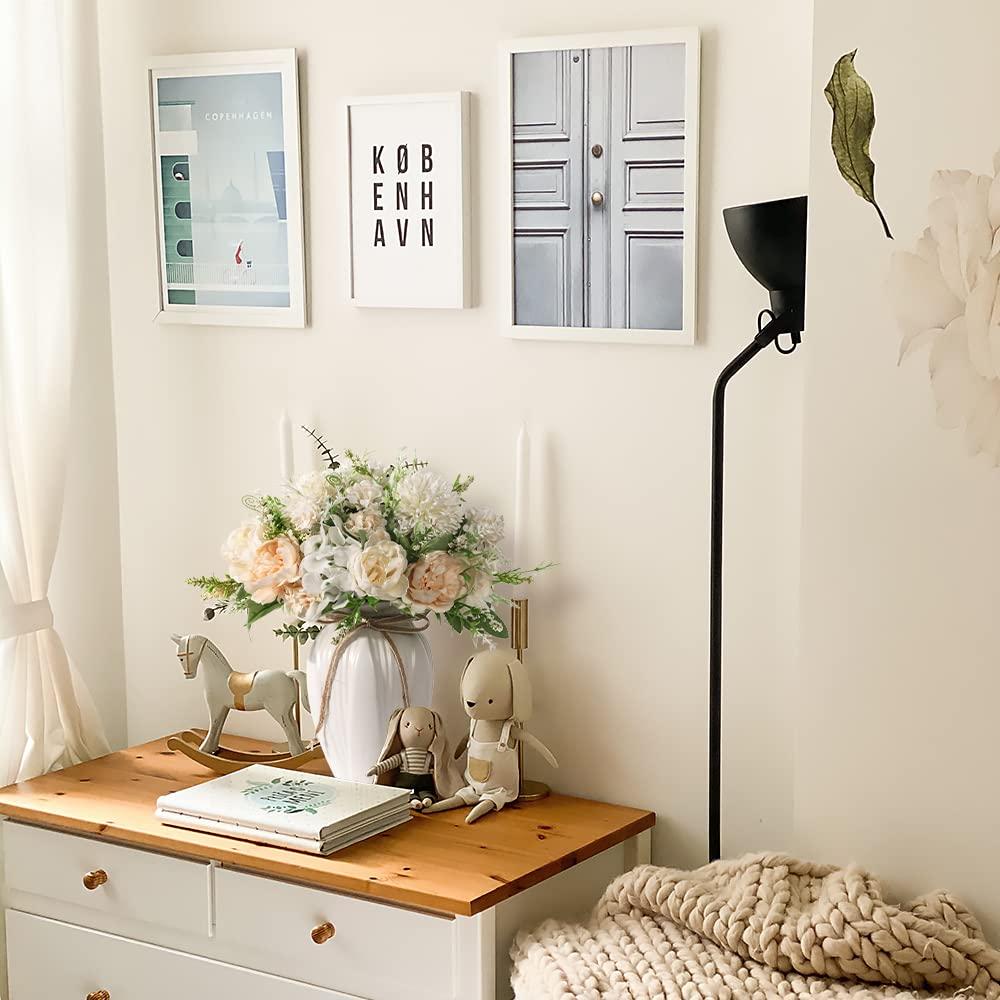 JARELING Peonies Artificial Flowers in Vase, Fake Hydrangea Silk Peony Flower Bouquet with Vase Faux Flowers Arrangement Decor Home Table Dining Room (White)