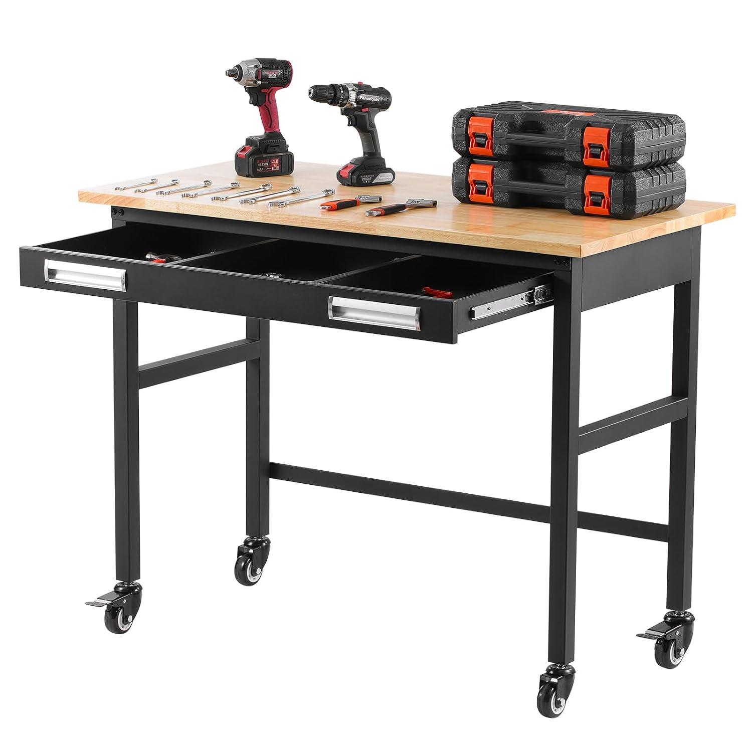 VEVOR Workbench, 48-inch Garage Workbench with Drawer Storage & Wheels, 1500 lbs Load Capacity Workshop Bench on Wheels, Heavy Duty Oak Wood Top Work Table for Garage, Workshop, Office, and Home