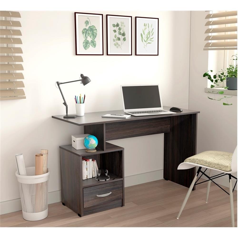 Inval Modern Writing Desk with Drawer and Open Storage, Espresso