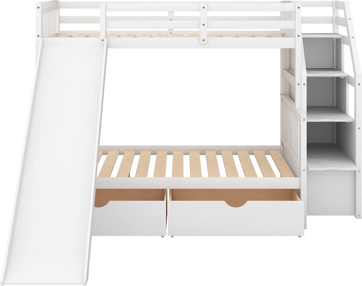Twin Over Full Bunk Bed with Stairs and Slide, Solid Wood Bunk Bed Frame with Storage Drawers for Kids Girls Boys (White)