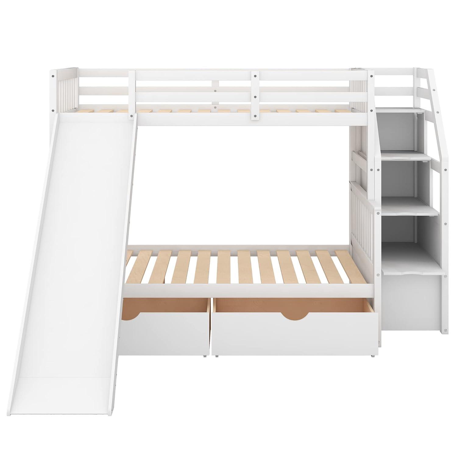 Twin Over Full Bunk Bed with Stairs and Slide, Solid Wood Bunk Bed Frame with Storage Drawers for Kids Girls Boys (White)