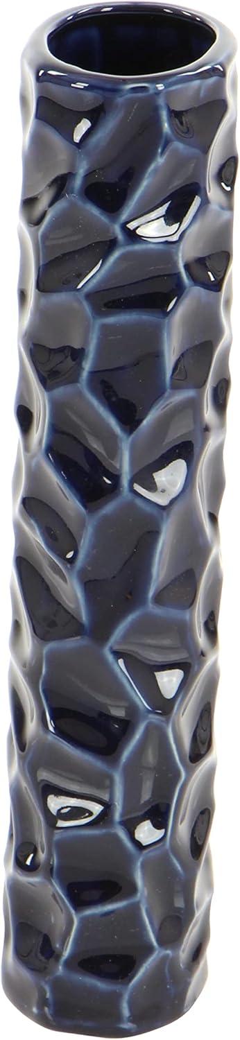 DecMode 3"W, 12"H Dark Blue Ceramic Vase with Varying Patterns, Set of 3