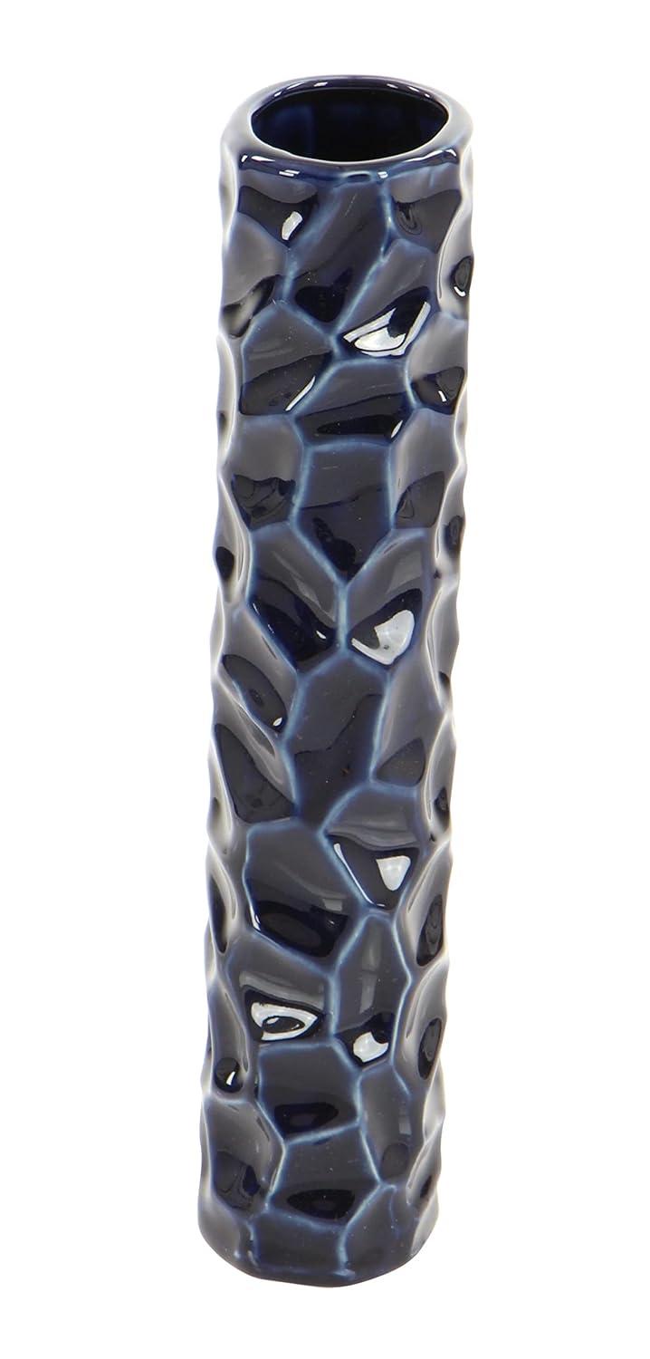 DecMode 3"W, 12"H Dark Blue Ceramic Vase with Varying Patterns, Set of 3