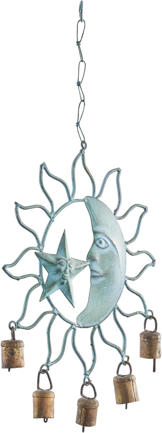 DecMode 13" Teal Metal Sun and Moon Windchime with Bells