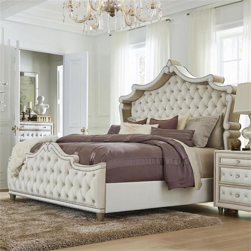 Pemberly Row Upholstered Velvet Eastern King Bed in Ivory and Camel