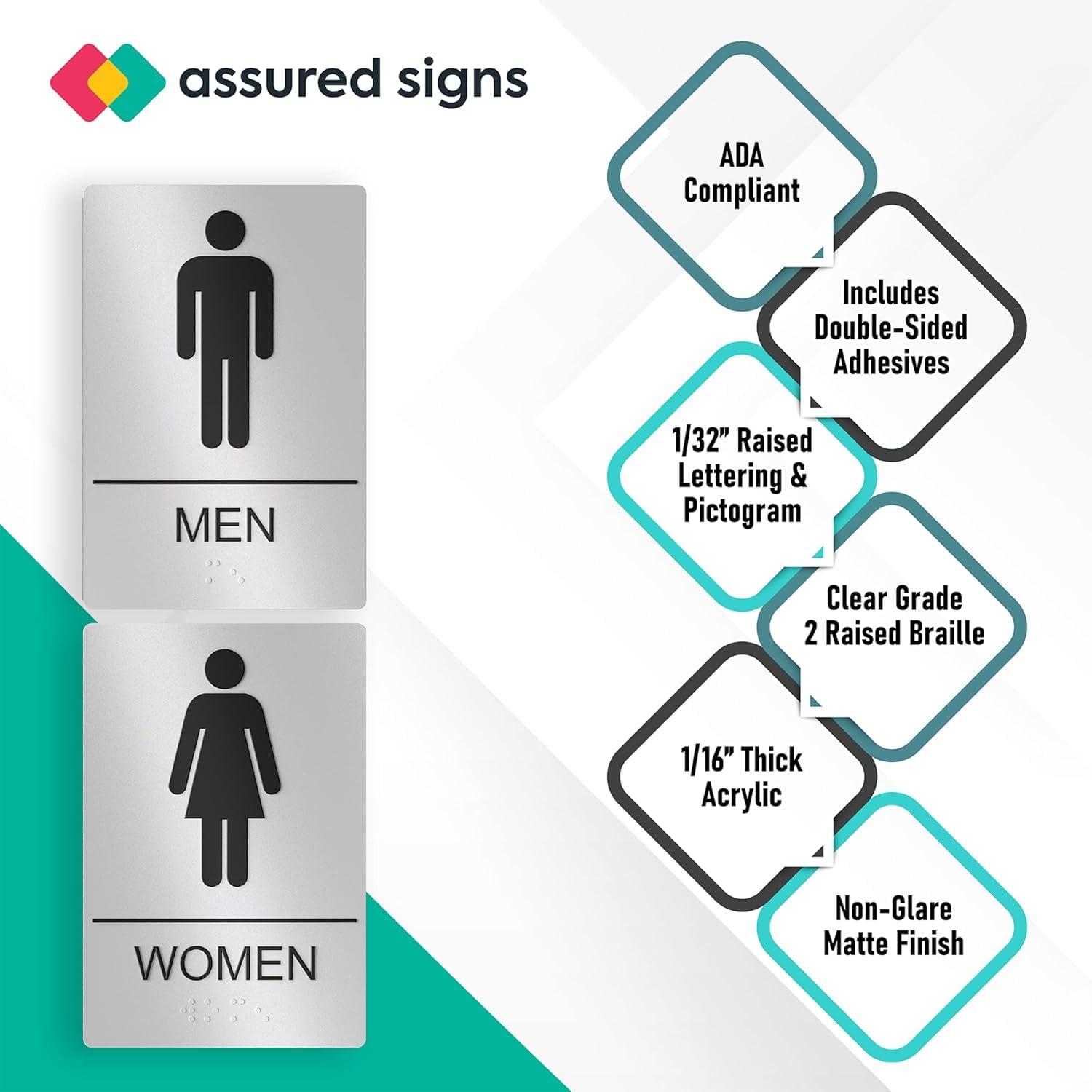 Assured Signs Restroom Sign for Wall | Bathroom Signs | 9 by 6" | Silver Acrylic | ADA Compliant with Braille | Includes Adhesives | Ideal for Office or Home
