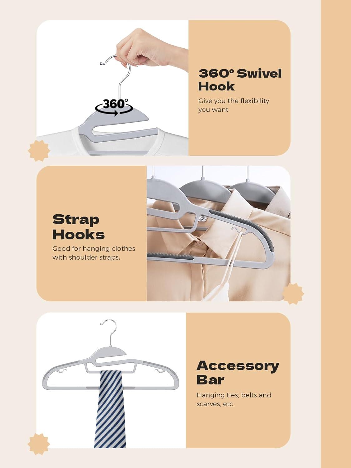 SONGMICS Coat Hangers Non-Slip Clothes Hangers Space-Saving Plastic Hangers 360°Swivel Rose Gold Hook