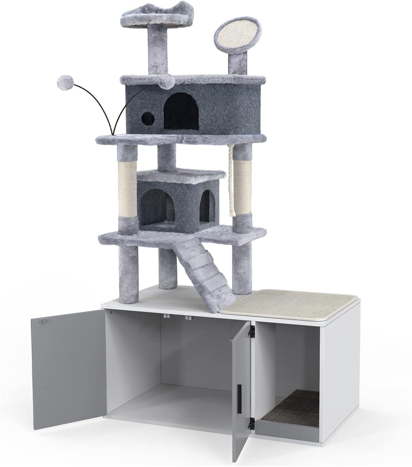 GDLF Cat Litter Box Enclosure Hidden Washroom Tower All-In-One Tree Condo, Grey