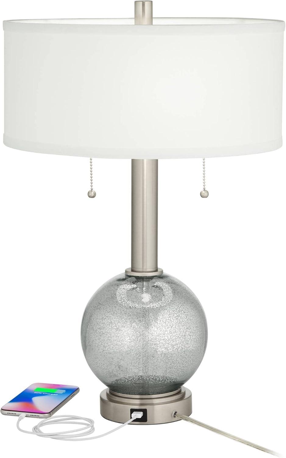 Silver Glass Table Lamps with USB Ports and White Shades, Set of 2