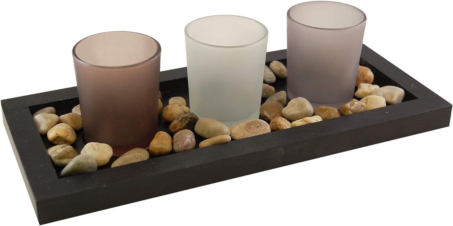 Warm Soft Black Wooden Tray with Earth-Tone Frosted Glass Candleholders