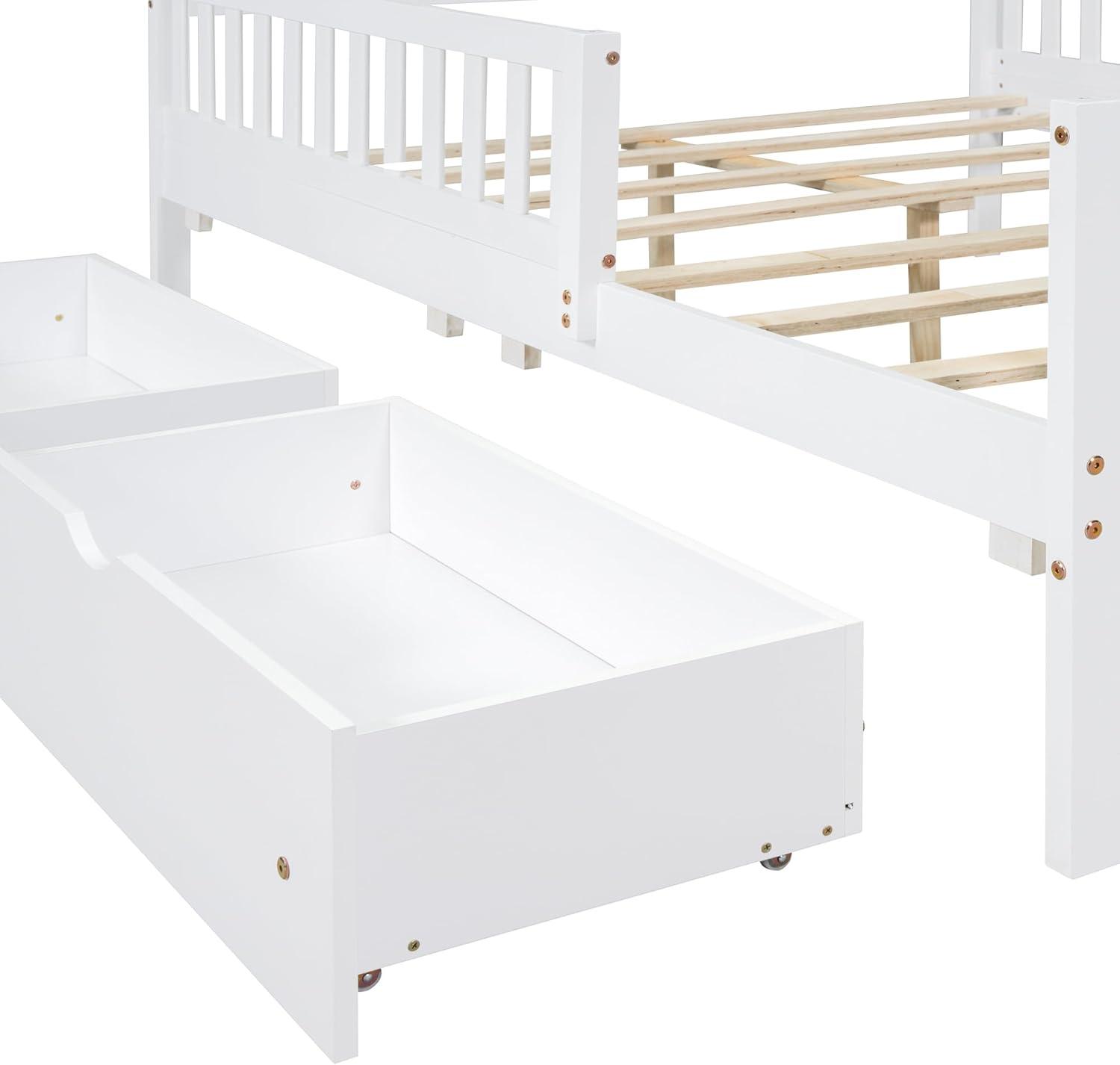 Kids Full Bed with Guardrails, Low Platform Bed with Headboard and Footboard, White Children Bed Frame with 2 Drawers for Boy Girl